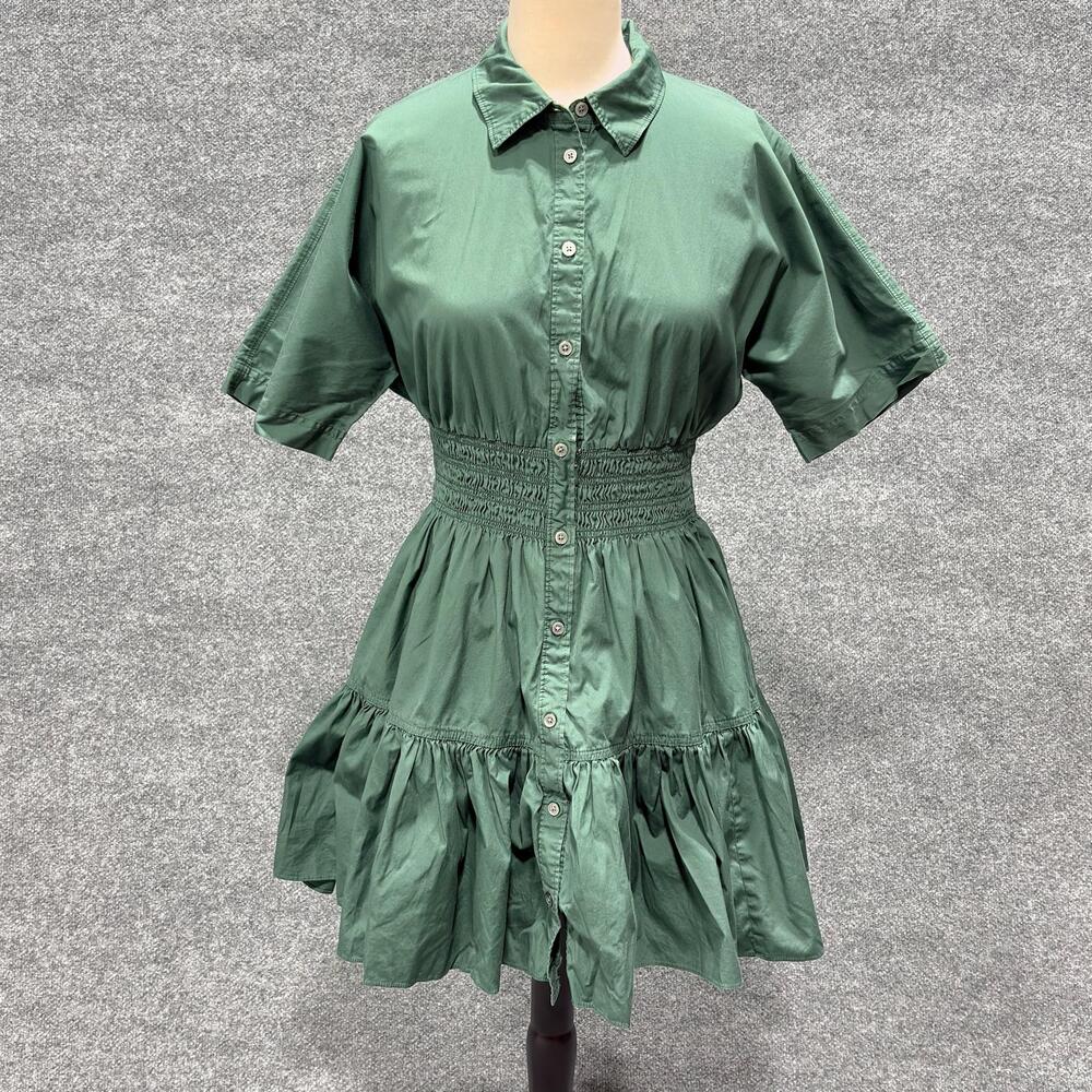 Veronica Beard Dress Womens 8 Green Smocked Shirt Mini Fit Flare Ruffle Hem
